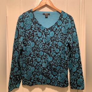 Style & Co. Women's Turquoise Black Paisley Button-Up Cardigan Sweater Preppy L